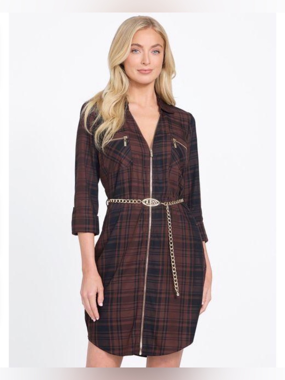 NWT GUESS Elina Plaid Zip-Front Shirt Dress in Brown Oak Gold Chain Belt